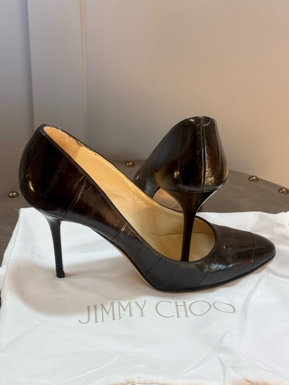 Jimmy Choo Vintage Black Eel Embossed Gilbert 85 Almond toe Pumps Size 6 36